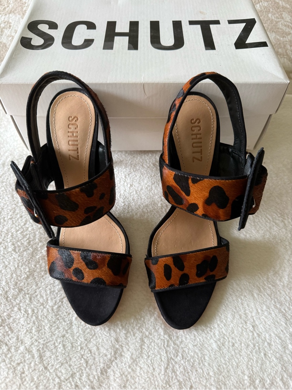 SCHUTZ Lucci Leopard-Print Slingback Sandals in Brown & Black - NIB